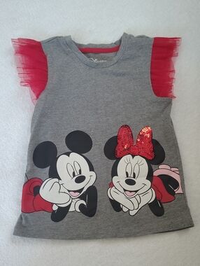 Disney Gray Tee with Red Sequin Bow & Red Tulle Sleeves